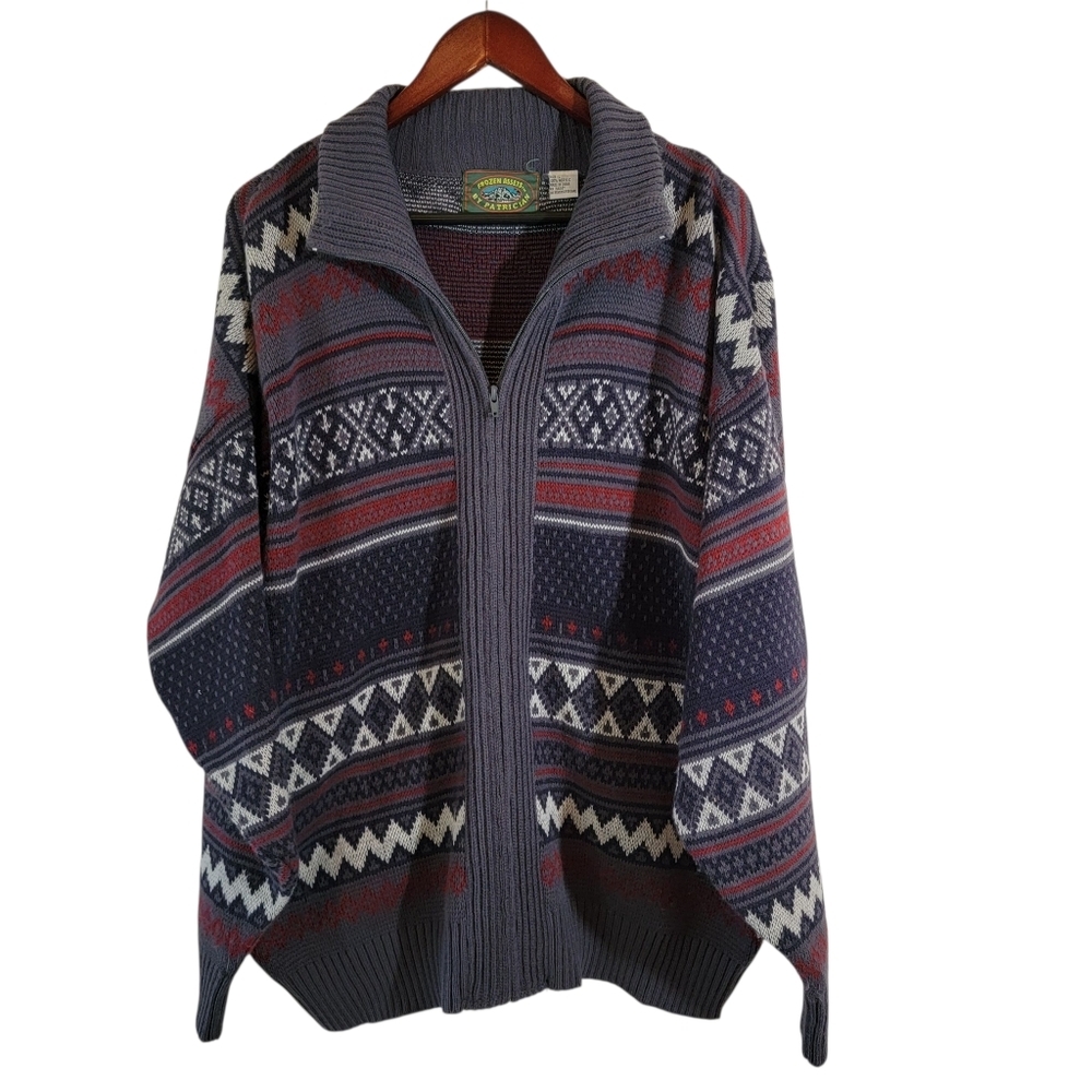 VTG 80's Multi Fair Isle Full-Zip Grandpa Sweater Mens Sz L Pocket Grunge Preppy